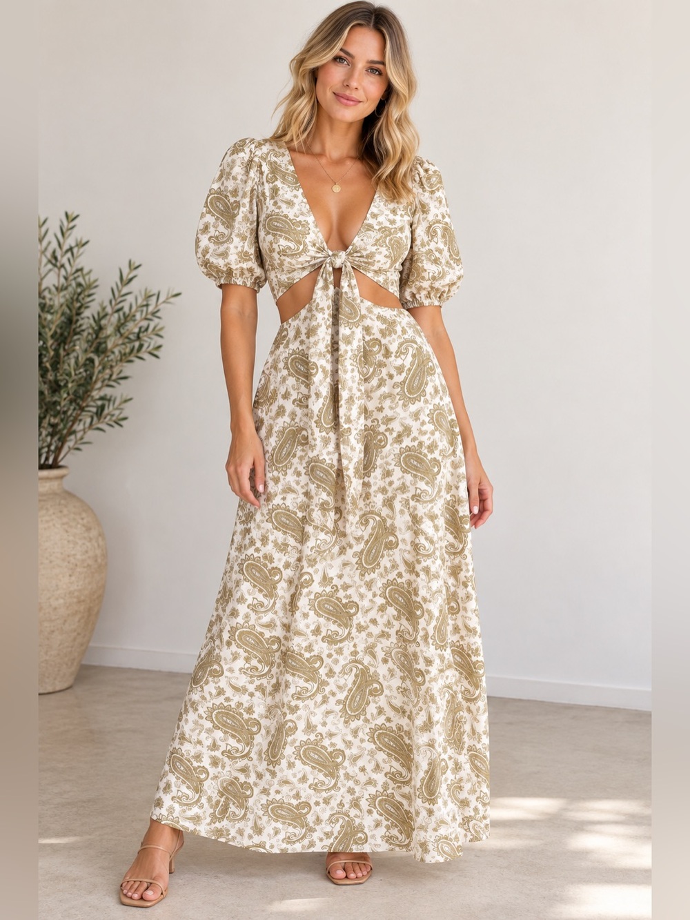Nasty Gal Paisley Cutout Tie Front Puff Short Sleeve Maxi Dress 6